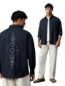 The Souled Store Phases of Moon Men and Boys Long Sleeve Spread Collar Navy Embroidered Relaxed Fit Lightweight Easy to Style Everyday Office Wear Cotton Linen Shirt