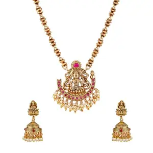 VOYLLA Gold Opulence Vainavi Temple Necklace Set For Women|Gold Jewellery Set|Wedding|Ethnic|South Indian|Stylish|Valentine's Day Gift|Gift For Women & Girls|