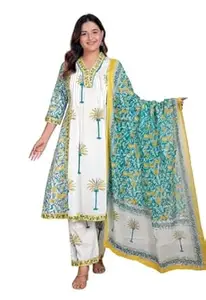 V.K.CRAFT Women's Cotton Printed Straight Kurti With Pant and Dupatta Set (White Aqua Blue)