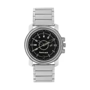 Fastrack Men Black Silver Quartz Analog Dial Stainless Steel Strap Watch for Guys-NS3039SM02