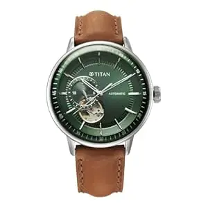 Titan Orbital Open Heart Automatic Analog with Green Dial Brown Leather Strap Watch for Men - 90226SL01