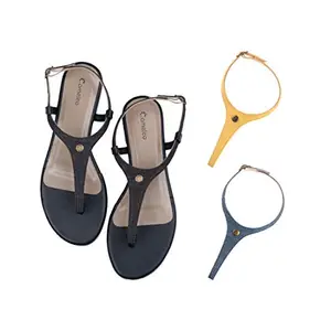 Cameleo -changes with You! Women's Plural T-Strap Slingback Flat Sandals | 3-in-1 Interchangeable Strap Set | Black-Yellow-Dark-Blue