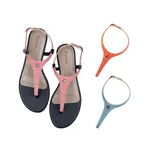 Cameleo -changes with You! Cameleo -changes with You! Women's Plural T-Strap Slingback Flat Sandals | 3-in-1 Interchangeable Strap Set | Dark-Pink-Red-Light-Blue