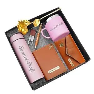 Dream Gift Glore Customized Your Name Water Bottle with Coffee Mug, Passport Cover, Pen, Keychain and Ladies Clutch/Purse Mens Customized Gift Hamper (Pack of 6)