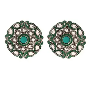 I Jewels Silver Oxidized Designer Kundan Studded Meena Work Circular Stud Earrings for Women & Girls (E2931Z) (Silver Green)