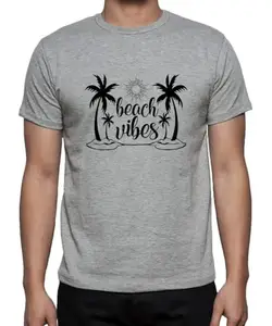 Caseria Men's Cotton Graphic Printed Half Sleeve T-Shirt - Beach Vibes (Grey, SM)