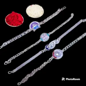 Designer Silver Plated Rakhi Bracelet Set with Decorative Charms, Pack of 4