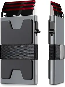 VOGARD Slim Aluminum Card Holder Wallet for Men, Durable Expandable Backplate, RFID Blocking Minimalist Metal Pop Up Wallet, Holds 10 to 12 Cards Plus Cash (Grey)