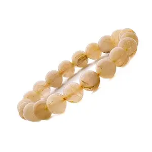 Plus Value Golden Rutilated Quartz Rutile Bracelet - Reiki Crystal Chakra Aura Healing for Men Women Unisex (Beads Size 10mm, Jute Bag)