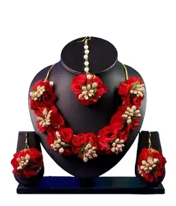 KETAKETI Pink Flower Necklace/Earring/Maangtika/Hathfool Set For Women/Girls