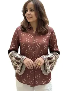 Zans & mens Women's Printed Shirt, Long Sleeve, Embroidered Cuffs, Collared Neck, Casual Ethnic Wear (in, Alpha, XL, Regular, Red-Ajrakh)