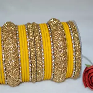 Generic Yellow Striped Metal Bangles with Royal Kangan Set