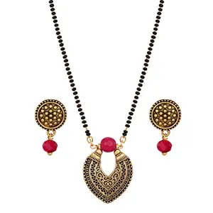 JFL - Jewellery for Less Traditional Oxidise Gold Plated Leaf Shape Pendant Mangalsutra for Women.(Maroon),Valentine