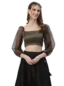 studio rasa Women's Brocade and Organza Puff Sleeves Crop Top for Wedding Party Festives (TPWC32244XS_Black_X-Small)