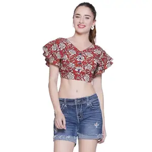 Unblock by Jenny Pure Cotton Original Hand Block Print Crop Top for Women's | V Neck Floral Printed Dress | Flared Sleeves with Lace Finishing | Short Backless Crop Top for Summer