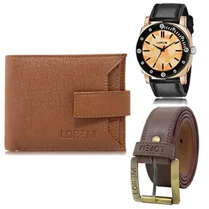 LOREM LOREM Mens Combo of Watch with Artificial Leather Wallet & Belt FZ-LR52-WL10-BL02