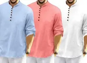 FINIVO FASHION Combo of Men’s Casual Full Sleeve Kurta Style Shirt with Button Placket |Regular Fit Ethnic Fusion Wear| Lightweight Breathable Fabric |for Daily & Festive Use Pack of 3