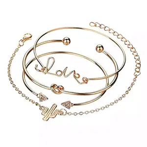 Shining Diva Fashion Set of 4 Crystal Love Charm Bangle Gold Plated Bracelet for Women and Girls (Golden) (10687b)