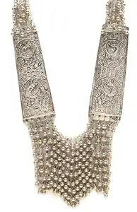 Vintage Style Silver Tone Statement Oxidised Necklace, Engraved Ethnic Pattern, Beaded Cascade Design