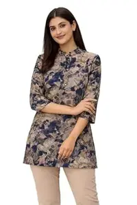 Orriva Womens Pure Rayon 3/4 Sleeves Collar Neck Short Straight Kurti Featuring Tie Dye Floral Printed Design Breathable Fabric