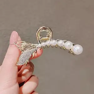 GIRLISH Nonslip Matte Flower Hair Cute Clips for Women Thick Hair to Thin Hair Styling Accessories Golden and White Stone Claw for Girls (1, fish)