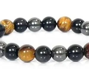Original Triple Protection Bracelet Certified for Men and Women - Natural Energised Tiger Eye Stone, Black Obsidian, Hematite Stone for Power, Protection, Good Luck - 8MM Beads