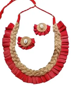 Handcrafted Jute and Red Cotton Necklace Set with Ruffled Design, Shell Studs, Traditional Jewellery