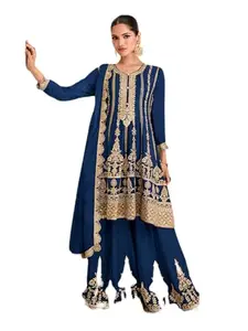 KAKSHYA Women's Chinon Regular Fit Semi Stitched Embroiderd Work Plazzo Suit with Dupatta | Super Soft Trendy Outfit for Wedding, Parties, Casual Outings, Festivals and Family Functions (blue)