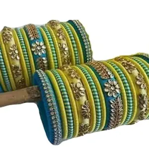 Silk Thread Bangles New kundan Style/Bridal Wedding Bangle Set for Women/Girls (Blue- Yellow With Kundan Work, 2-8)