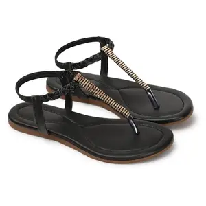 Naitik Women's Synthetic Kolhapuri Stylish Casual Flat Sandals, Chappals for Party & Occasions Black 3-8 Sizes