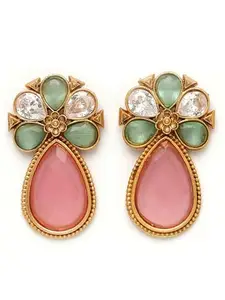 Karatcart Gold Plated Pink and Lime Green Stone Floral Design Stud Earrings for Women