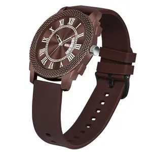 Men's Brown Dial Analog Watch with Day & Date Display and Brown Silicone Strap | Roman Numerals | Stylish Men's Casual Watch