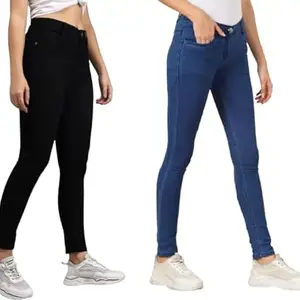 Women's Denim Comfortable Slim Fit Mid Rise Casual Jeans for Ladies & Girls Pack of 2 (Black-Navy Blue34)