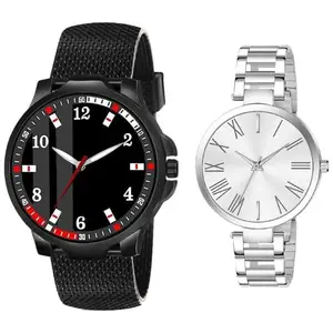 ON TIME OCTUS Couple Analog Watch for Men and Women (Black and Silver Color) (Pack of Two) (4057+523)