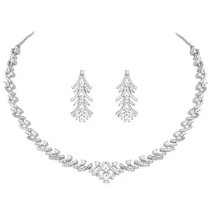 Peora Silver Plated Cubic Zirconia Studded Necklace & Dangle Earring Contemporary Jewellery Set for Women