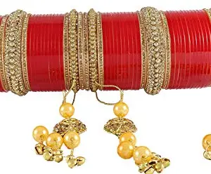 ZULKA Get your traditions Red Chuda Set For Bridal Women and Girls with Golden Zircon Stone & Pearls | Traditional Chuda Set | Dulhan Chura | AD Chooda Set | Wedding Jewelry-(Chuda47-TRed-2.6)