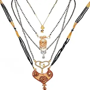 NAVMAV Indian Traditional Gold Plated Mangal sutra Pendant Tanmaniya/Black Beads Simple Long Short Daily Use Mangalsutra/Couple Nallapusalu Combo Set of 5 Vati Jewelry For Women