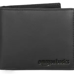 Amazon Basics Black Leather Wallet for Men | Wallet with RFID Blocking | 6 Card Slots, 2 Currency & Secret Compartments, 1 Coin Pocket & 1 ID Window