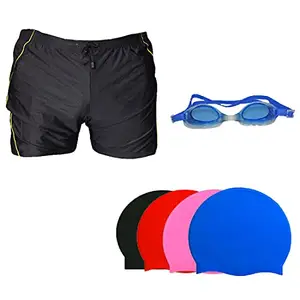 I-SWIM SWIMMING SHORTS V-619 BLACK SKY PIPING SIZE 3XL WITH GOGGLES SILICON JOINTLESS WITH BOX BLACK AND 100% SILICONE SWIMMING CAP PLAIN BLACK
