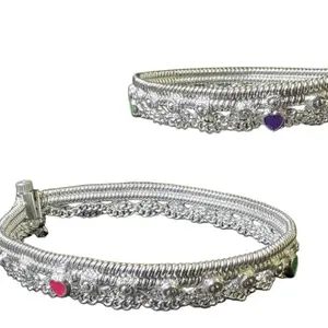 German Silver Anklets, Contemporary Style with Enamel Hearts, 27 cm Length, White Metal, Set of 2, Silver -11 Inch
