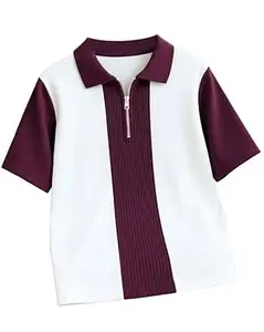 AUSK Men's Textured Vertical Striped Knit Polo T-Shirt | Half Sleeve Zipper Neck Self-Design Casual Tee | Mens Tshirts