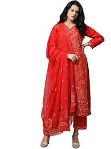 Ada Hand Embroidered Lucknow Chikankari Unstitched Georgette Dress Material Suit Set for Women A211171 Red
