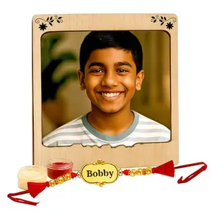 SOLOBOLO Customized Rakhi Gift – Personalized Polaroid Fridge Magnet Photo Frame with Name Rakhi | Custom Raksha Bandhan Gift for Brother from Sister | Magnetic Frame with Custom Rakhi Combo