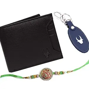 WildHorn Rakhi Gift Hamper for Brother - Classic Men's Combo/Gift Set of Leather Wallet, Keyring and Rakhi for Brother (Jet Black)