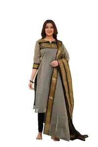 Women's Cotton Kurta & Dupatta Set Embroidered Work V Neck 3/4th Sleeves Straight Salwar Suit Dupatta Set || Comfortable Outfit For Wedding (IN, Alpha, L, Regular, Women, Grey)