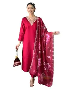 Bovkari Women's Slub Rayon Embroidery Kurta Pant with Printed Dupatta Kurta Set For Women