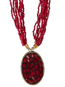 Handcrafted Red Beaded Necklace with Oval Beeds Pendant, Multi-Strand Design, Gold-Tone Accents Fashion Necklace For Women/Girls