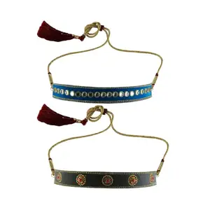 MAYA FASHION Multi Colour Kundun Stud Velvet Kanthi Rajasthani Kanthi Necklace for Girls & Women | Handmade Rajputi Jewelry | Brass Finish | Handcrafted Kanthi (Sku-nec5991)