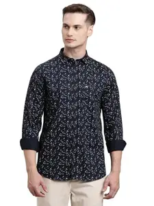 Turtle Men Blue Printed Full Sleeve Slim Fit 100% Cotton Casual Shirt