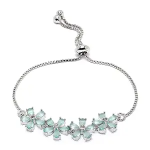 KENNICE Rhodium-Plated Silver Toned American Diamond studded Floral Shaped Link Bracelet Jewellery for Girls and Women